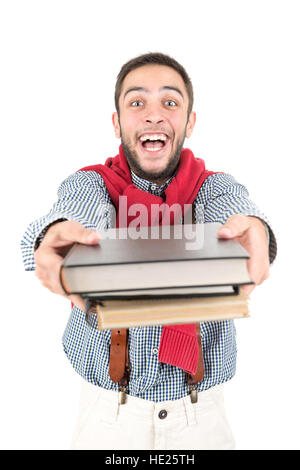 Jeune nerd student posing with books isolés dans un fond blanc Banque D'Images