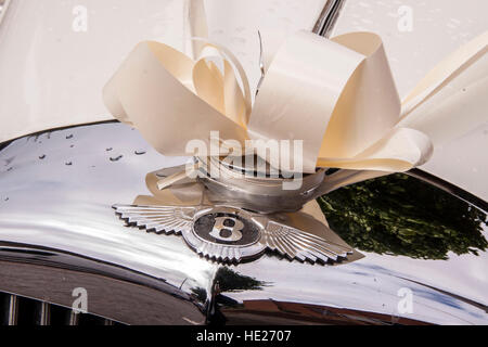 Bentley logo sur une voiture de mariage, attachés avec un ruban ivoire crème, quelques taches de pluie. Banque D'Images