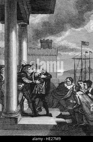 George Villiers, 1 duc de Buckingham (1592 - 1628), était un courtisan, homme d'État, mécène de l'art et aurait été, un amoureux du roi James I. Il a été poignardé à mort, le 23 août 1628, à l'entremise de Greyhound Pub à Portsmouth byJohn Felton, un officier de l'armée qui avaient été blessés dans l'aventure militaire et croyait qu'il avait été passé pour la promotion par Buckingham. Banque D'Images