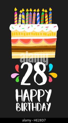 Joyeux anniversaire numéro 28, carte de souhaits pour vingt huit ans de fun art style avec gâteau et bougies. Invitation anniversaire, félicitations Illustration de Vecteur