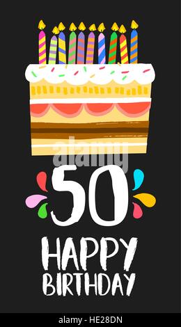 Joyeux anniversaire numéro 50, cartes de vœux depuis cinquante ans dans fun art style avec gâteau et bougies. Invitation d'anniversaire, de félicitations ou de célébrations Illustration de Vecteur