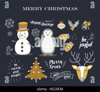 Joyeux Noël mignon ensemble d'éléments de décoration en style vintage. Comprend des ornements de vacances, lettrage, renne, bonhomme de neige et de pingouin Illustration de Vecteur