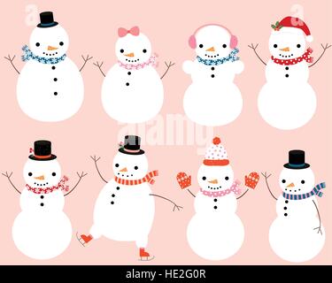 Mignon bonhomme hiver personnages avec des écharpes, des chapeaux et des mitaines pour Noël et Nouvel An Cartes de voeux, dessins et modèles Illustration de Vecteur