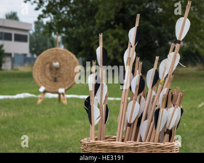 Les flèches à l'intérieur du groupe de panier en osier et de la paille dans la cible de tir à l'arrière-plan on Meadow Banque D'Images