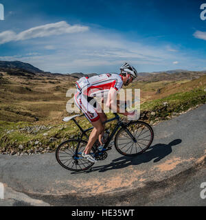 Un homme escalade Hardknott Pass cycliste dans le Lake District, UK. Banque D'Images