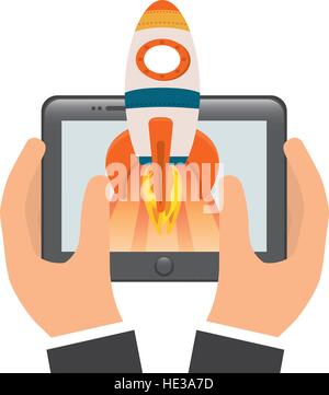 Mains tenant une tablette avec rocket icône sur fond blanc. start-up concept. design coloré. vector illustration Illustration de Vecteur