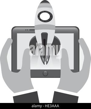 Mains tenant une tablette avec rocket icône sur fond blanc. start-up concept. vector illustration Illustration de Vecteur