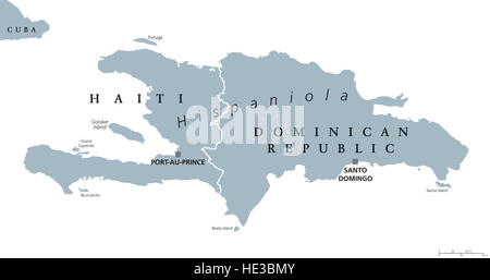 Carte politique de l'Hispaniola, également San Domingo. Haïti et la République Dominicaine avec chapiteaux Port-au-Prince et Santo Domingo. Banque D'Images