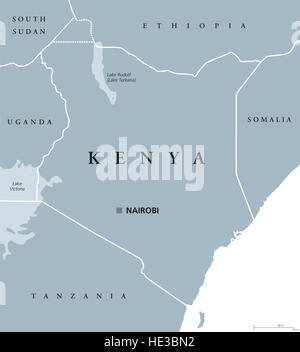 Carte politique du Kenya avec capital Nairobi. Au cours de l'Afrique avec les frontières nationales, les pays voisins. Banque D'Images