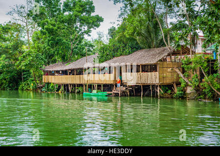 Un restaurant local construit sur pilotis se tient sur la rivière Loboc, île de Bohol, Philippines. Banque D'Images