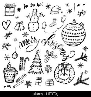 Joyeux Noël à la main illustration isolé sur fond blanc avec le texte. Ensemble de noël raster hand drawn doodle dessins. Banque D'Images