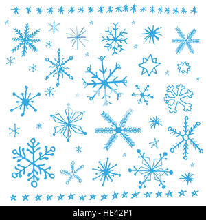 Graphique doodle flocon ensemble dessiné à la main. Illustration d'hiver. Banque D'Images