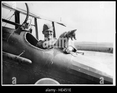 Cette image capture un pilote de la première Guerre mondiale, assis dans un biplan du Royal Flying corps. Le pilote porte probablement un équipement d'aviation précoce, y compris un casque et des lunettes de protection, typique des unités d'aviation de la Grande Guerre. Banque D'Images