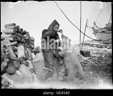 Cette photographie historique capture Roald Amundsen nourrissant des ours polaires au cours de son expédition dans l'Arctique, dans le cadre de l'expédition Maud. L'image reflète l'esprit pionnier de l'exploration polaire du début du XXe siècle. Banque D'Images