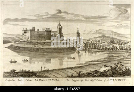Une gravure du XVIIe siècle de John Slezer, « The Prospect of Their Maj'Ties Palace of Linlithgow », représente la grandeur du palais de Linlithgow, un site historique d'Écosse, autrefois la demeure de Marie, reine d'Écosse. Banque D'Images