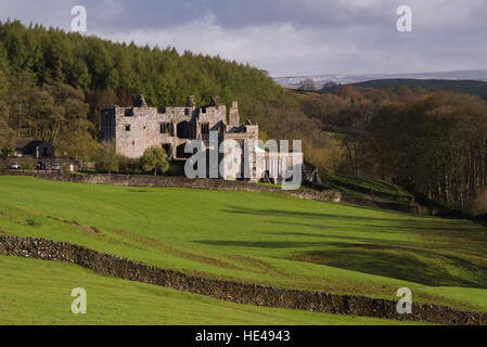 Barden Tower (lumière du soleil sur la magnifique ruine historique ancienne, arbres forestiers à flanc de colline, collines ondulantes) - Bolton Abbey Estate, Yorkshire Dales, Angleterre Royaume-Uni. Banque D'Images