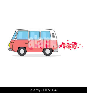 Van Hippie cartoon illustration avec le coeur. Banque D'Images