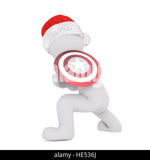 Toon 3d full body in Santa hat accroupi avec bouclier de super-héros sur blanc Banque D'Images