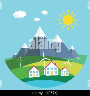 Paysage Environnement cottages montagnes en arrière-plan.L'énergie éolienne. La protection de l'environnement. Télévision style design vector illustration. Illustration de Vecteur