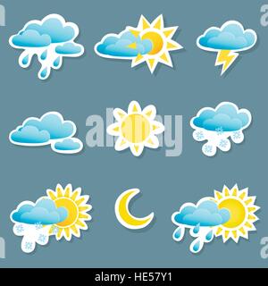 Ensemble d'icônes illustrant différentes conditions météo, pluie, neige, orages,nuages,temps clair, jour et nuit, partiellement nuageux. Illustration de Vecteur