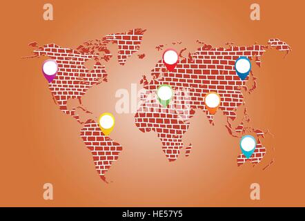 Carte géographique du monde composé de couches de maçonnerie avec emplacements. Creative Design à l'échelle mondiale. Illustration de Vecteur