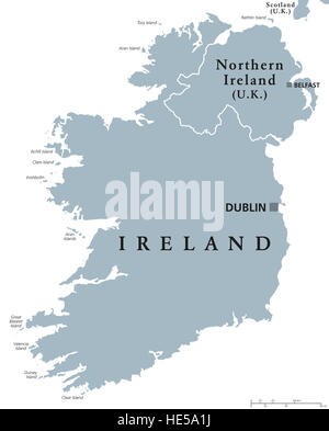 République d'Irlande et en Irlande du Nord une carte politique avec les capitales Dublin et Belfast. En Europe de l'île. Banque D'Images