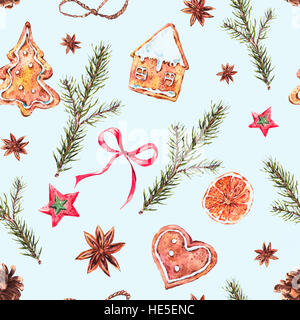 L'Aquarelle transparente avec motif de Noël gingerbread cookies Banque D'Images