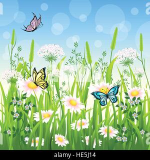 Pré des fleurs en été avec papillon Illustration de Vecteur
