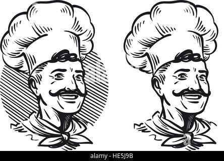 Portrait of happy chef. Pour l'élément de menu design restaurant ou un café. Vector illustration croquis Illustration de Vecteur