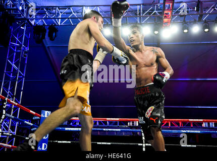 Las Vegas, Nevada, USA. 25Th Dec 2016. 'Lil' Oscar Cantu batailles Aston Palicte dans l'événement principal un super match de championnat de la masselotte à "Knockout nuit au D" présenté par la D Las Vegas et DLVEC et promu par Roy Jones Jr. la boxe. Credit : Ken Howard/Alamy Live News Banque D'Images