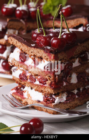 Un délicieux morceau de gâteau au chocolat avec des cerises sur une plaque verticale close-up. Banque D'Images