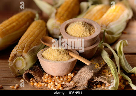 La farine de maïs dans le bol en bois avec les épis autour Banque D'Images