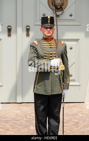 Des soldats hongrois prendre part à l'heure relève de la garde au château de Buda/Sandor Palace. Banque D'Images