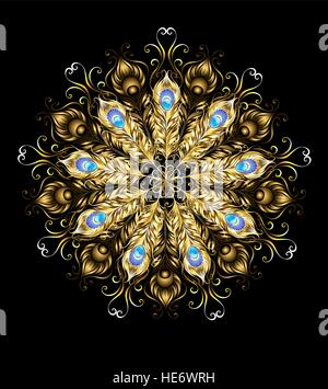 Mandala de plumes de paon d'or, décoré de turquoises sur fond noir. Illustration de Vecteur
