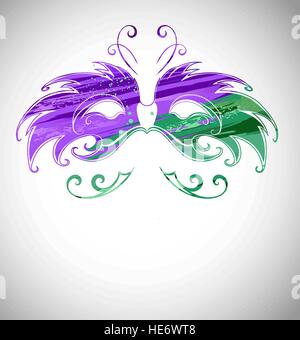 Masque Mardi Gras peint vert et peinture mauve sur un fond clair. Illustration de Vecteur