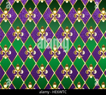 Bijoux, sur fond de Mardi Gras rhombus violet et vert, décoré des lis d'or. Illustration de Vecteur