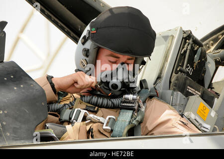 Le capitaine Austin "Ragin'' Cox, un pilote de F-16 avec le Minnesota Air National Guard's 179e Escadron de chasse expéditionnaire actuellement affectés à l'aérodrome de Kandahar, Afghanistan, passe à travers ses vérifications avant vol avant sa sortie, le 12 août 2012. Le personnel est déployé depuis le Minnesota Air National Guard's 148e Escadre de chasse à l'appui de l'opération Enduring Freedom. Bull Dog F-16's, des pilotes et du personnel de soutien ont commencé leur déploiement de force expéditionnaire de l'air à la mi-août pour prendre en charge des missions de vol de l'ordre de mission aérienne et de fournir un appui aérien rapproché aux troupes sur le terrain en Afghanistan. Banque D'Images
