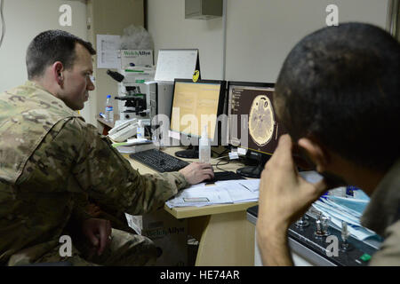 Le Major de l'US Air Force Jonathan Forbes, un neurochirurgien affecté à la 455 e Expeditionary Medical Group, avis d'une numérisation du cerveau d'un patient pendant une consultation de suivi le 22 octobre à l'hôpital humanitaire coréenne Air à Bagram, en Afghanistan. Forbes, originaire de New Martinsville, W.Va., retire une tumeur du cerveau de l'homme 12 jours avant cette visite. Le sergent-chef. Cohen A. Young Banque D'Images