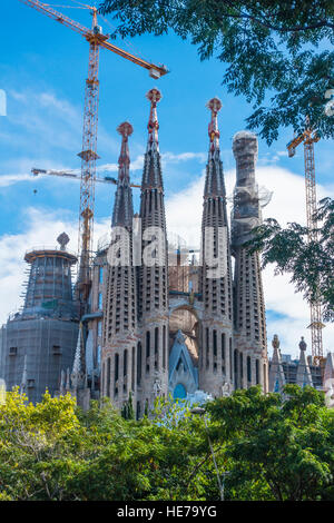 Tours de la Basilique de la Sagrada Familia en construction à Barcelone, Espagne. Banque D'Images