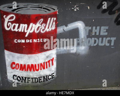 Confiance communautaire, Campbells, boîte à soupe, graffiti à Belfast Garfield St Centre-ville, Irlande du Nord, Royaume-Uni Banque D'Images