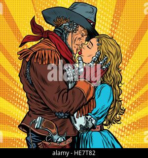 Robots Steampunk. La jeune fille embrasse Cowboy Illustration de Vecteur