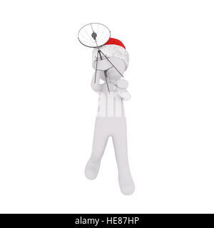 Toon 3d full body in Santa hat pointant la parabole de réception, fond blanc Banque D'Images