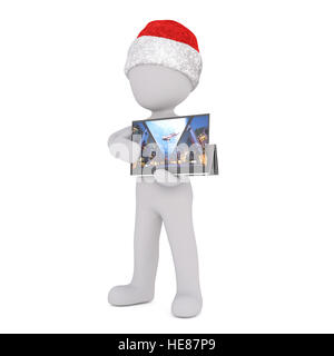 Toon 3d full body in Santa hat avec petite télévision écran sur fond blanc Banque D'Images