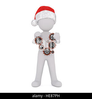 Toon 3d full body in Santa hat avec jeu de pignons et engrenages sur fond blanc Banque D'Images