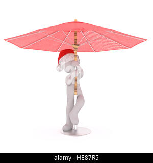 Toon 3d full body in Santa hat sous grand parasol parapluie, fond blanc Banque D'Images