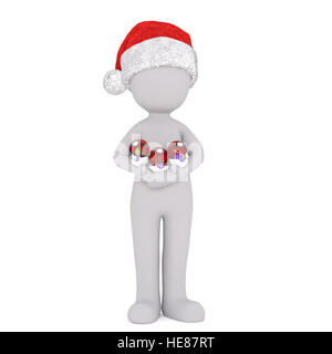 Toon 3d full body in Santa hat holding open boules de Noël avec des cadeaux, fond blanc Banque D'Images