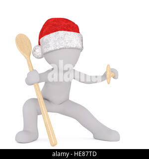 Toon 3d full body in Santa hat et style ninja posent avec cuisine en bois cuillères sur fond blanc Banque D'Images