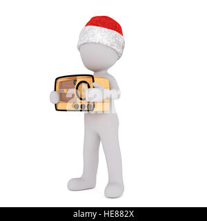 Toon 3d full body in Santa hat avec retro radio transistor sur fond blanc Banque D'Images