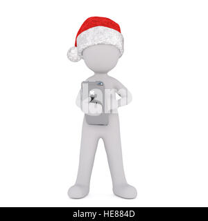 Toon 3d full body in Santa hat était avec téléphone mobile, fond blanc Banque D'Images