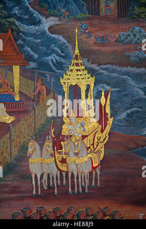 La peinture murale sur les murs de Temple du Bouddha Émeraude à Bangkok, Thaïlande Banque D'Images